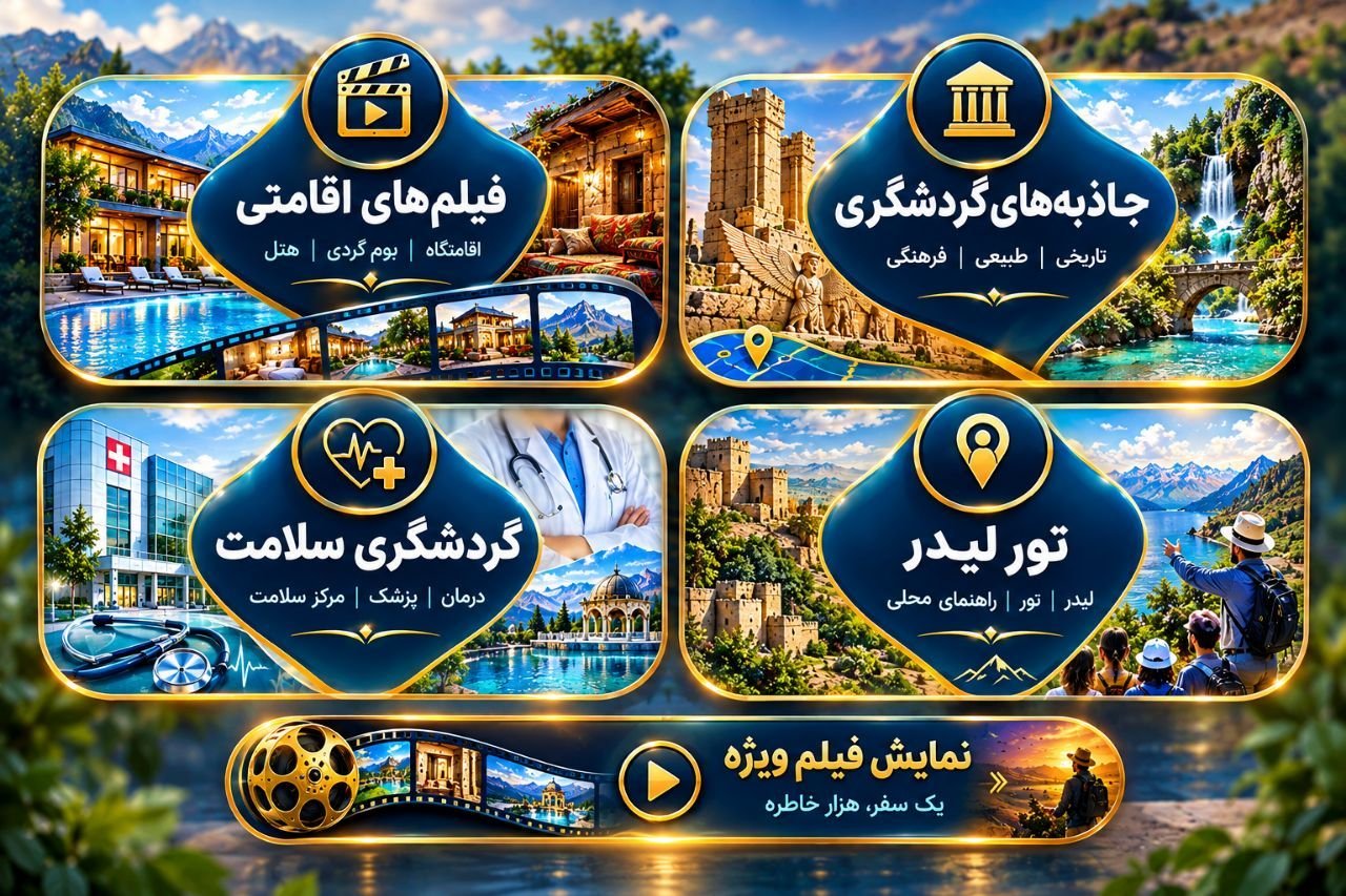 فیلم‌های اقامتی | اقامتگاه، بوم‌گردی، هتل — جاذبه‌های گردشگری | تاریخی، طبیعی، فرهنگی — گردشگری سلامت | درمان، پزشک، مرکز سلامت — تور لیدر | لیدر، تور، راهنمای محلی
